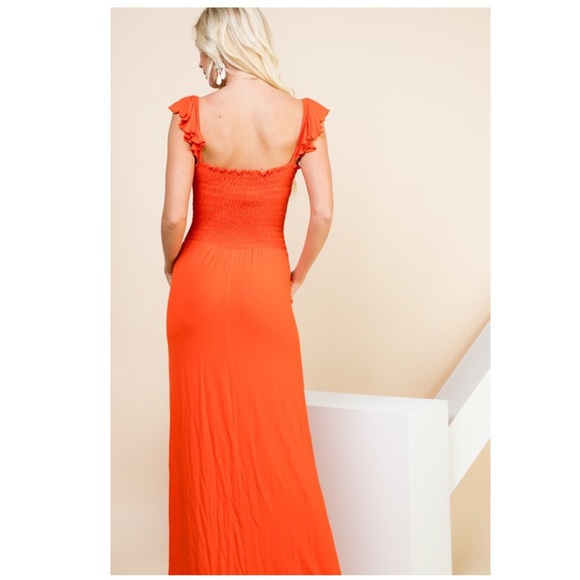 SOLD OUT CLEARANCE Orange Smocked On Off Shoulder Casual Maxi Dress - Picture 4 of 5